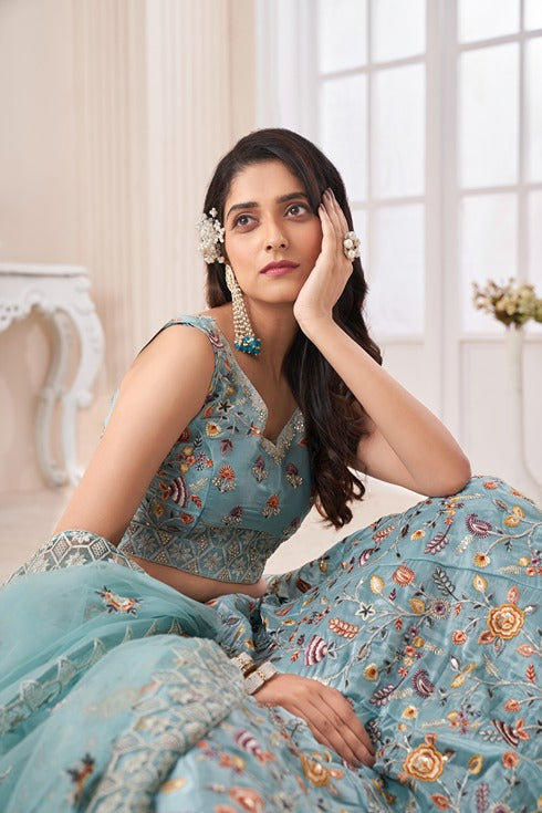 Designer Blue Lehenga Choli with Multicolor Thread Embroidery