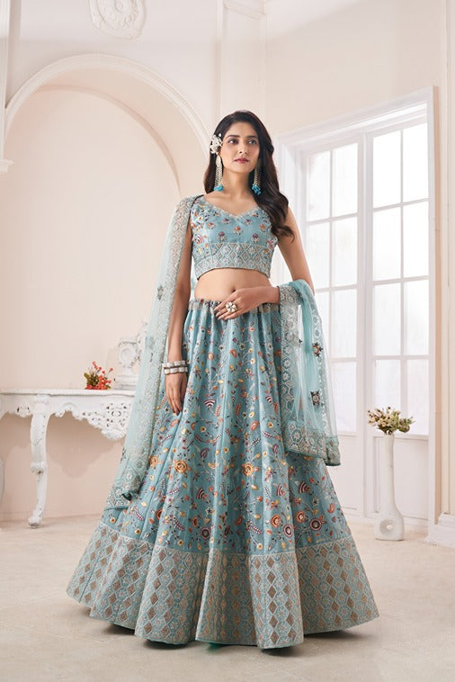 Designer Blue Lehenga Choli with Multicolor Thread Embroidery