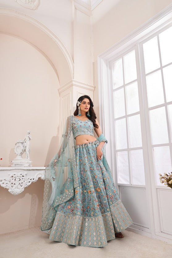 Designer Blue Lehenga Choli with Multicolor Thread Embroidery