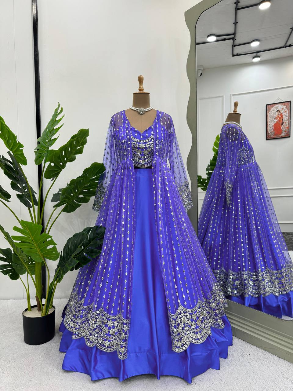 Blue Luxe Radiance Lehenga Choli Set with Stylish Koti – Japan Satin & Butterfly Net with Sequin Embroidery