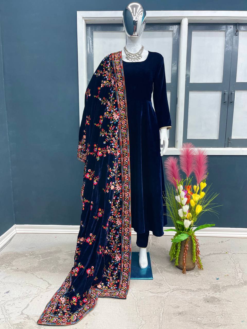 Blue Luxurious Designer Velvet Anarkali Gown & Dupatta Set for Wedding Wear