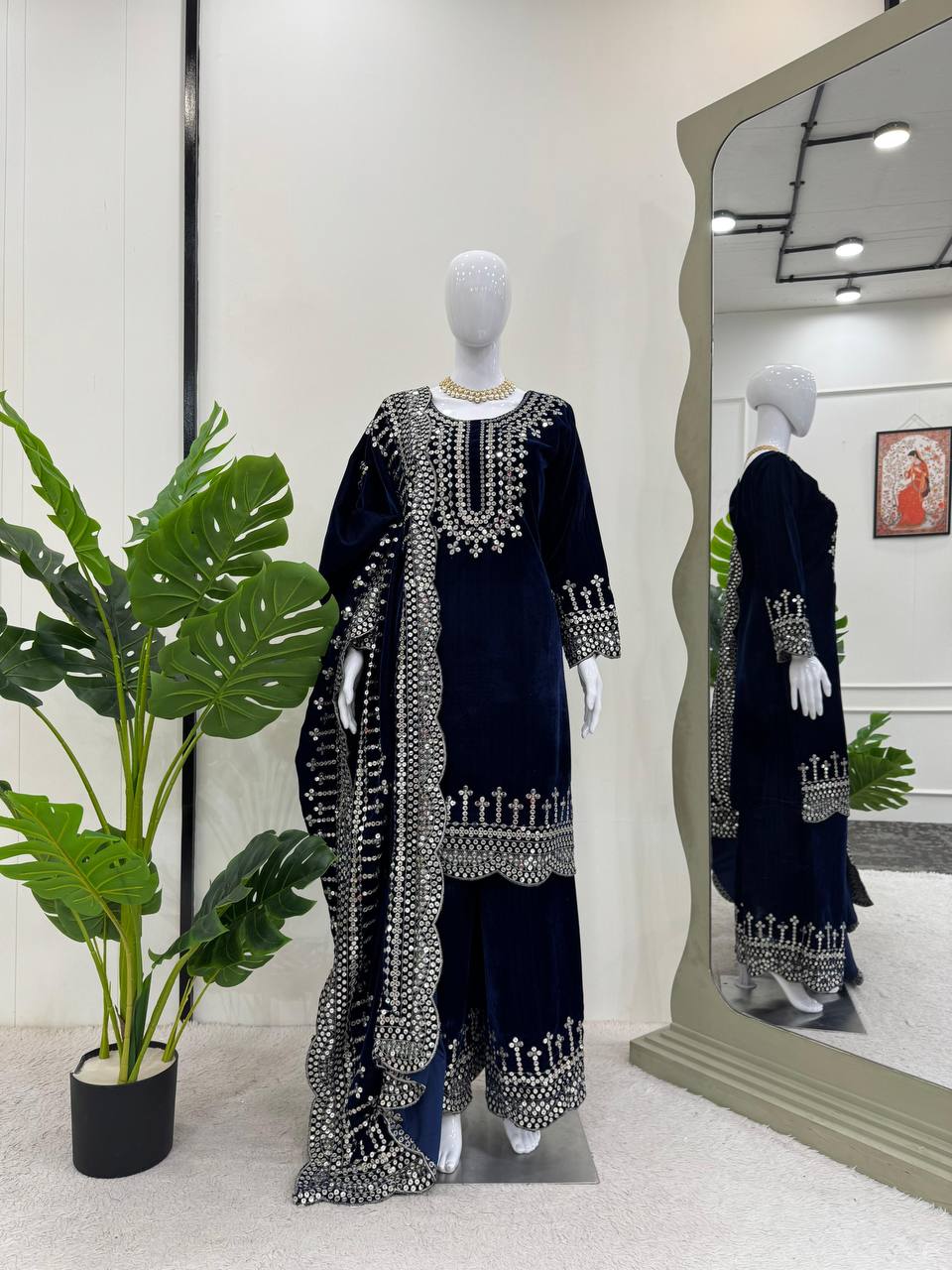 Blue Luxurious Viscose Velvet Plazo Set with Embroidered Dupatta