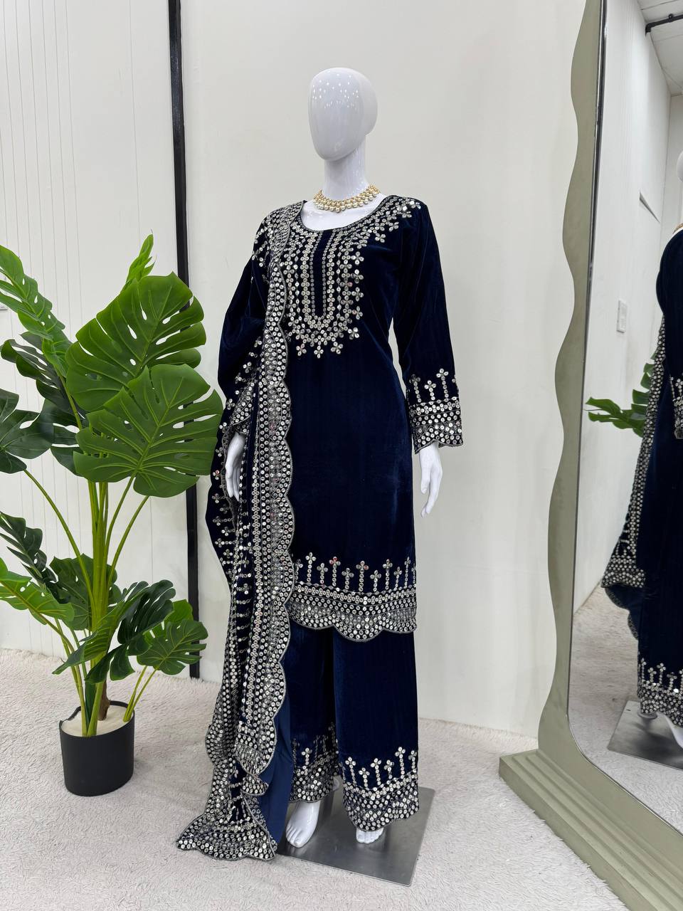 Blue Luxurious Viscose Velvet Plazo Set with Embroidered Dupatta