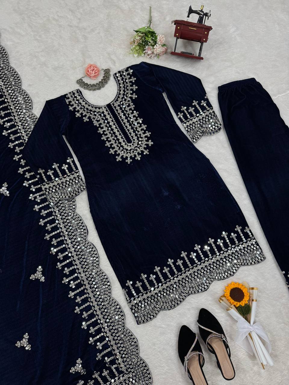 Blue Luxurious Viscose Velvet Plazo Set with Embroidered Dupatta