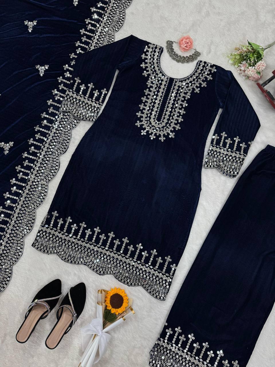Blue Luxurious Viscose Velvet Plazo Set with Embroidered Dupatta