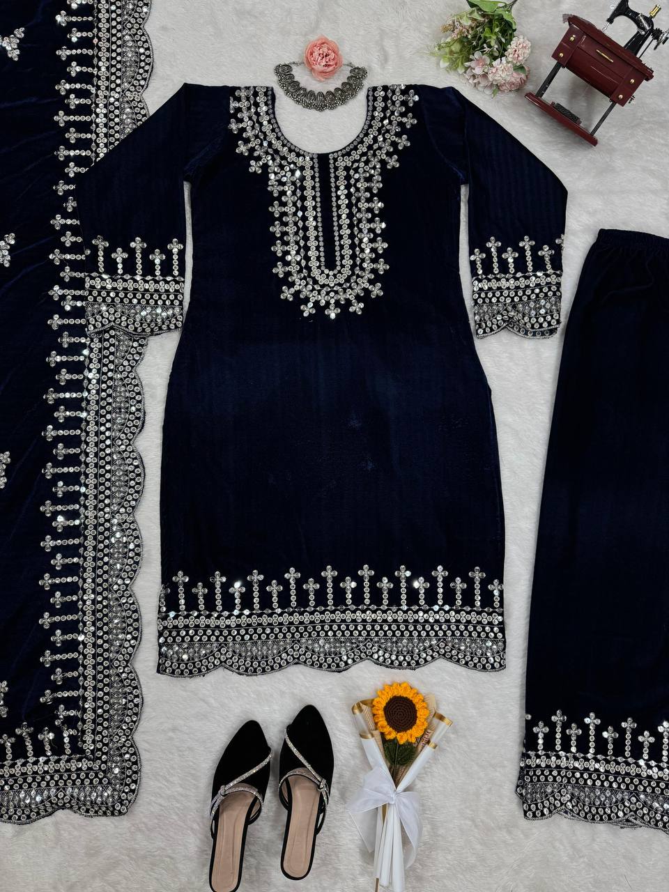 Blue Luxurious Viscose Velvet Plazo Set with Embroidered Dupatta