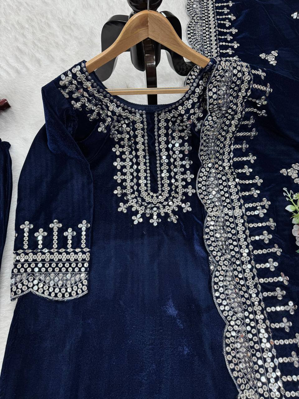 Blue Luxurious Viscose Velvet Plazo Set with Embroidered Dupatta