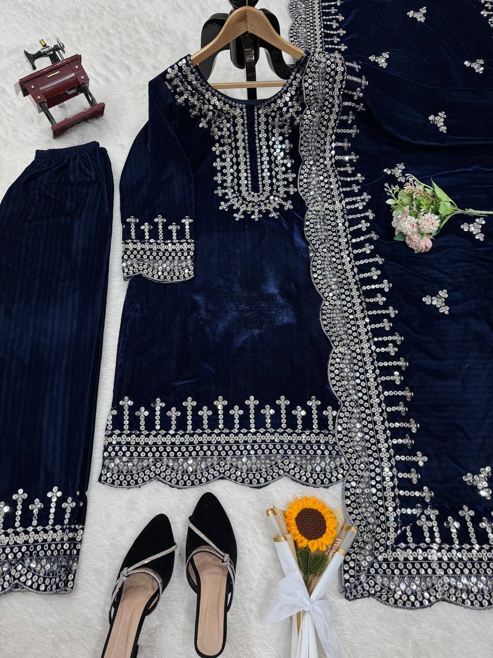 Blue Luxurious Viscose Velvet Plazo Set with Embroidered Dupatta