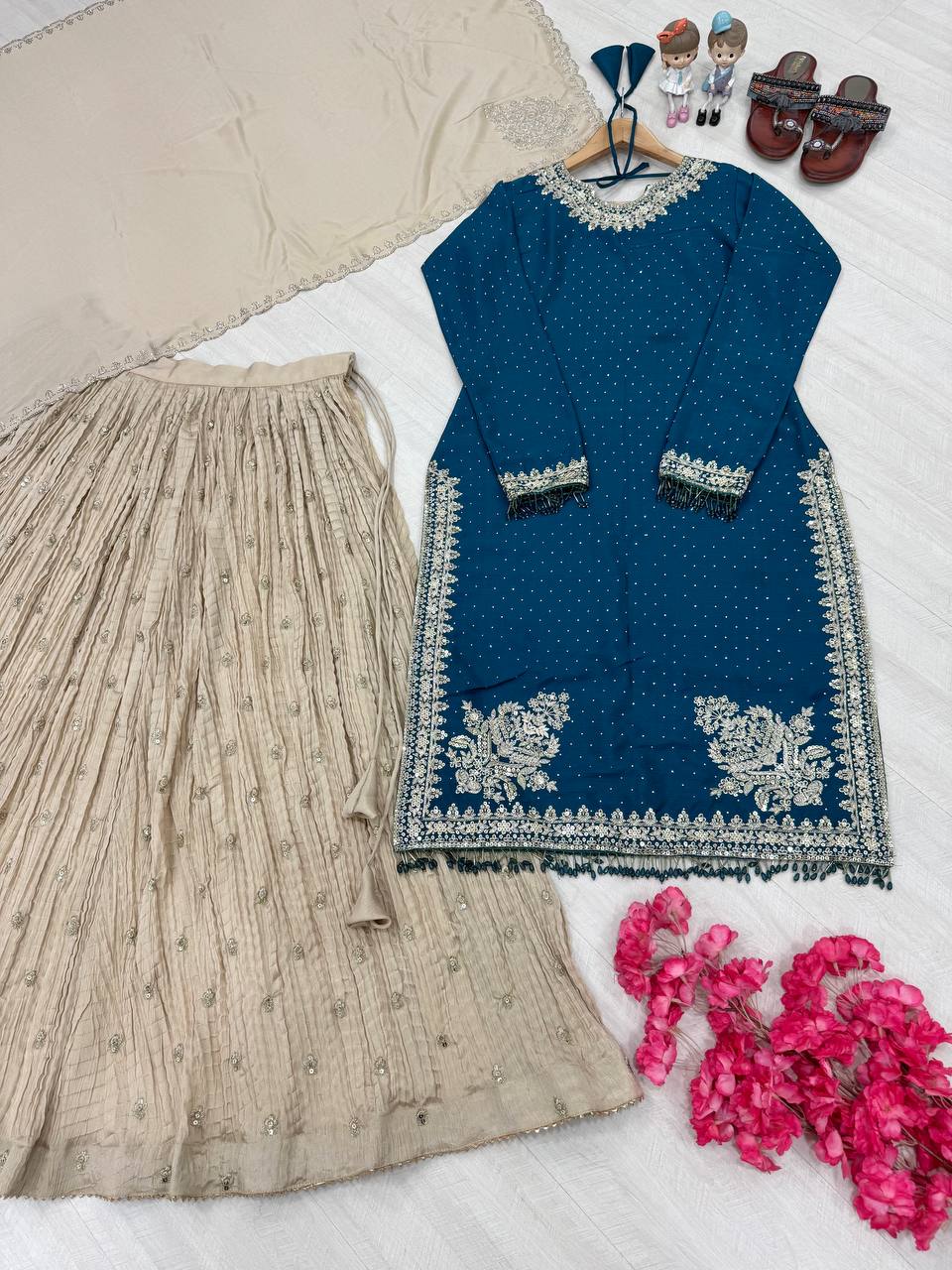 Blue Luxury Chinon Silk Lehenga Set with 5mm Sequin & Siroski Diamond Work