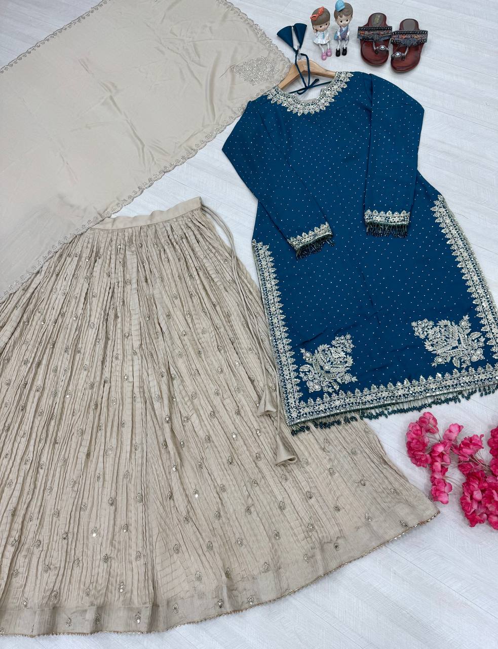 Blue Luxury Chinon Silk Lehenga Set with 5mm Sequin & Siroski Diamond Work