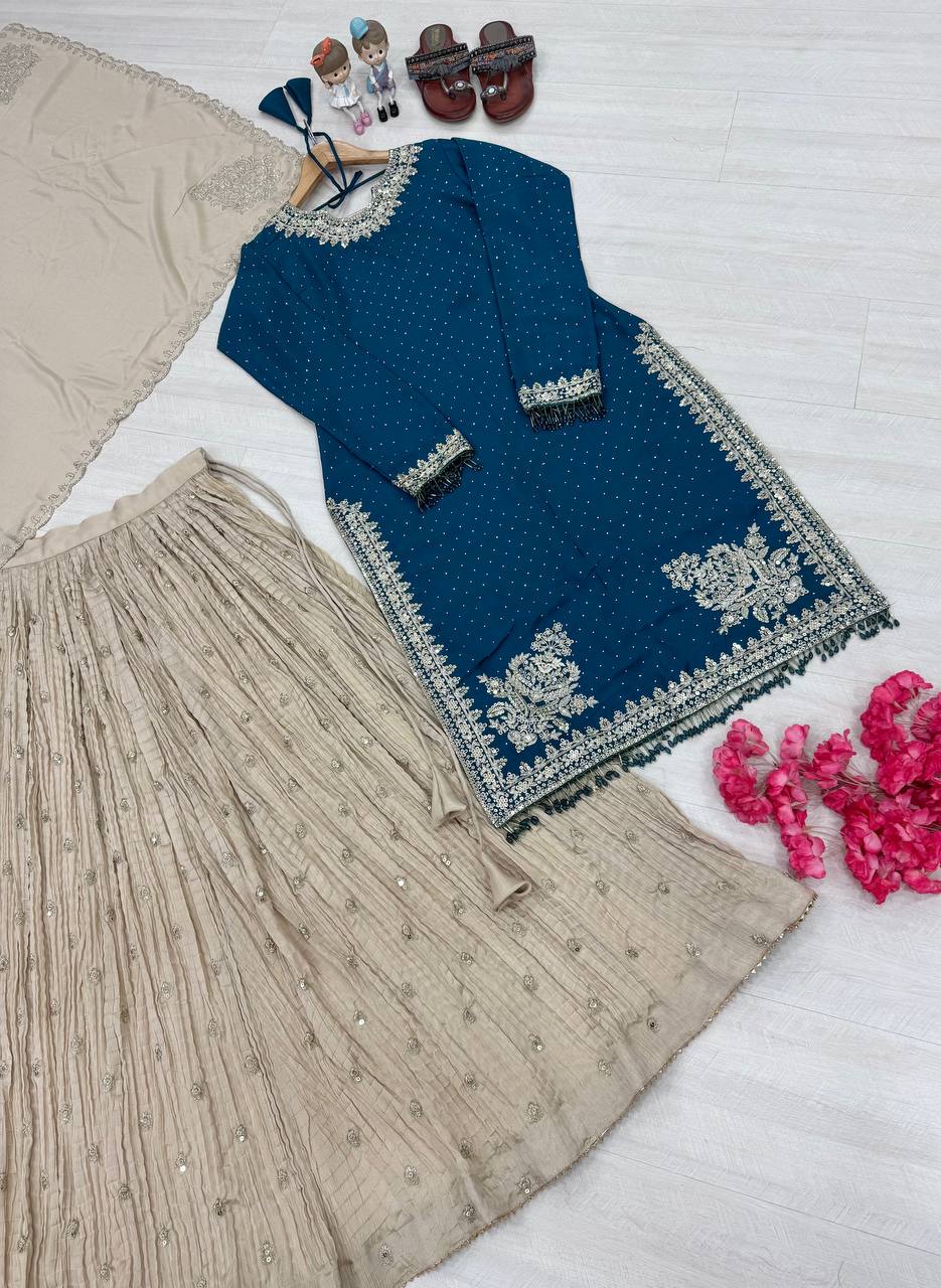 Blue Luxury Chinon Silk Lehenga Set with 5mm Sequin & Siroski Diamond Work