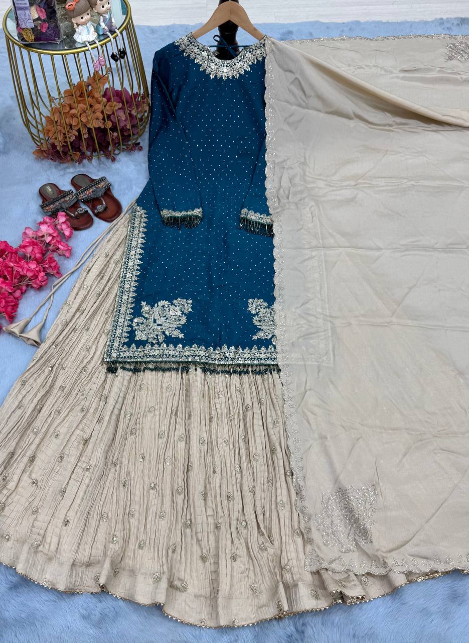 Blue Luxury Chinon Silk Lehenga Set with 5mm Sequin & Siroski Diamond Work