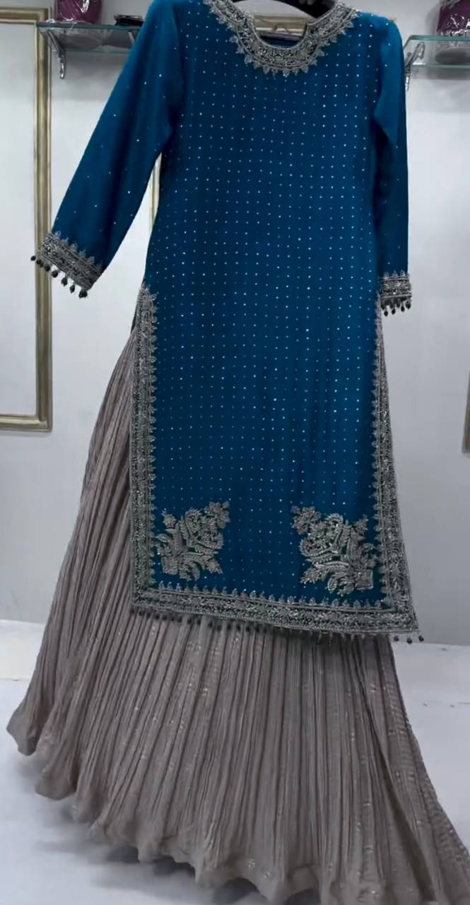 Blue Luxury Chinon Silk Lehenga Set with 5mm Sequin & Siroski Diamond Work