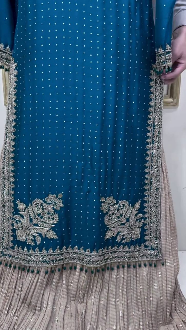 Blue Luxury Chinon Silk Lehenga Set with 5mm Sequin & Siroski Diamond Work