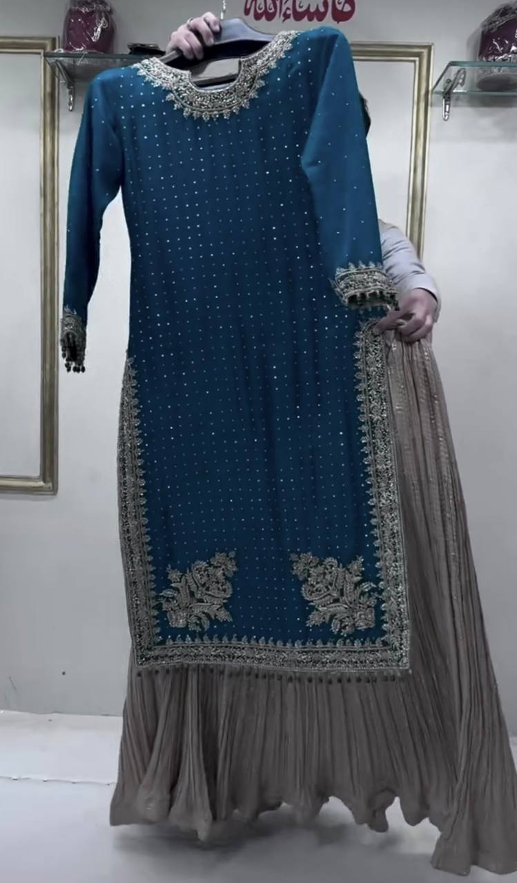 Blue Luxury Chinon Silk Lehenga Set with 5mm Sequin & Siroski Diamond Work