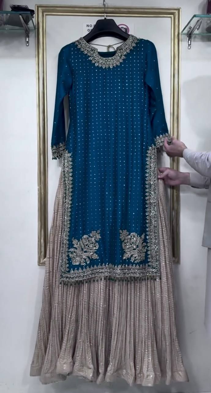 Blue Luxury Chinon Silk Lehenga Set with 5mm Sequin & Siroski Diamond Work