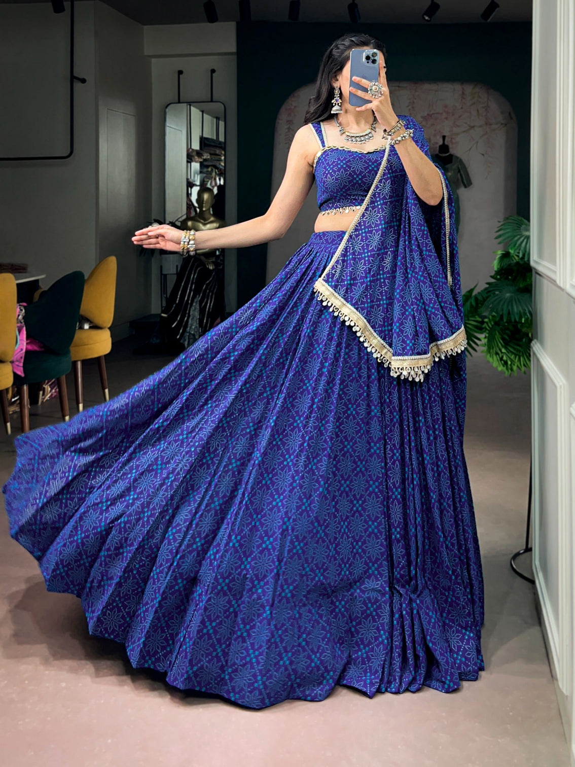 Blue Mirror Lace Lehenga Set