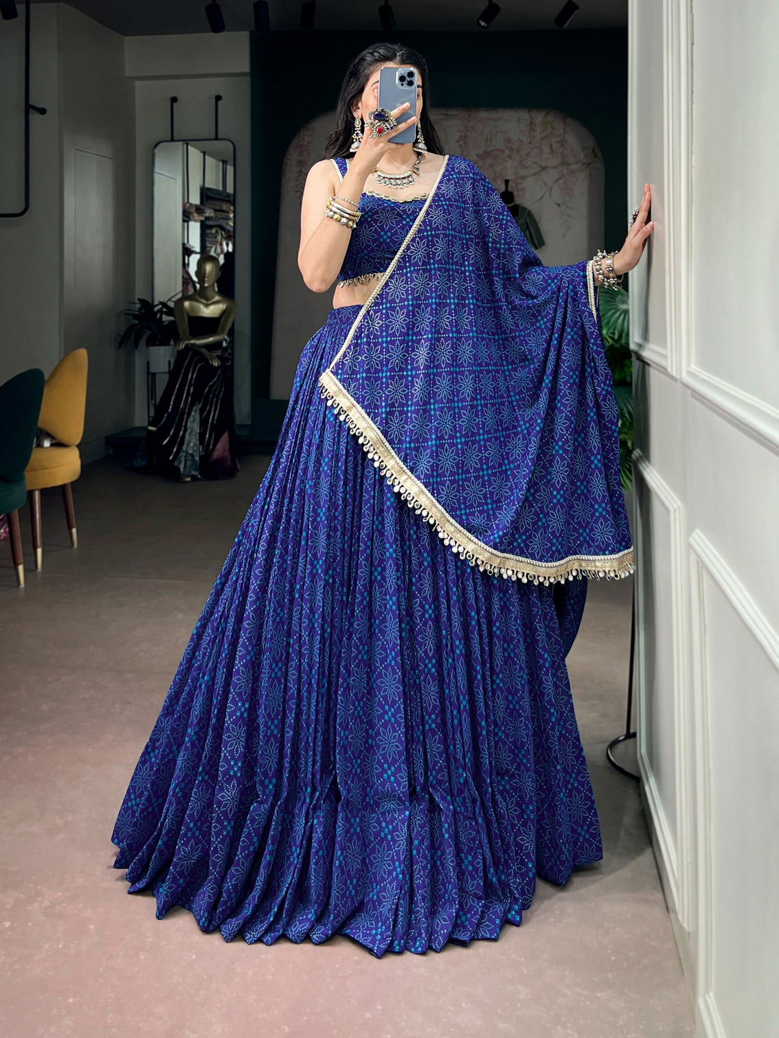 Blue Mirror Lace Lehenga Set