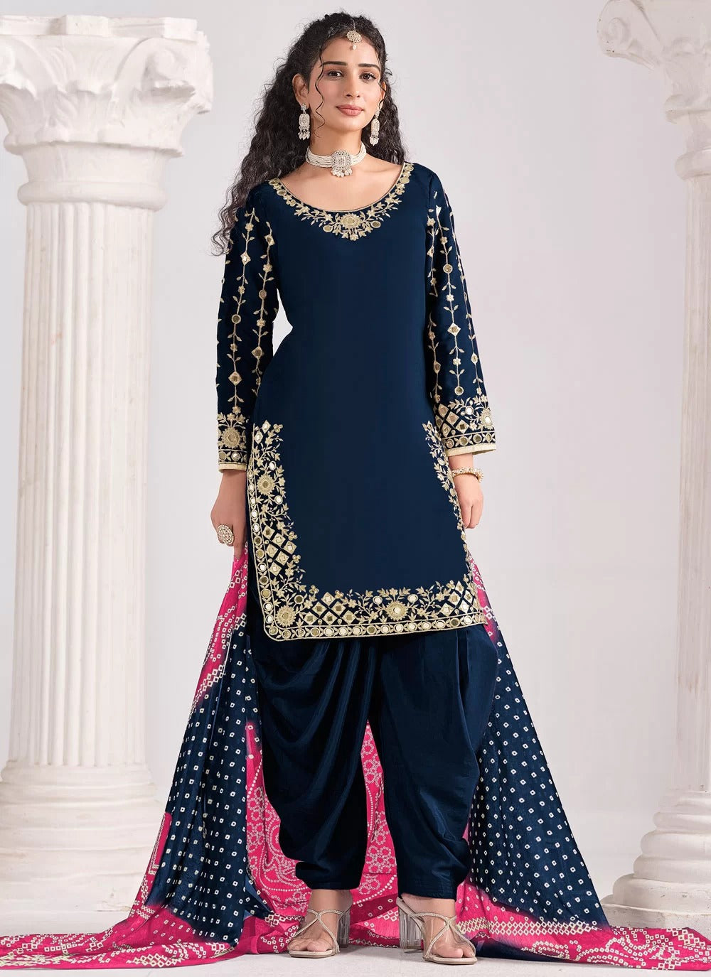Gorgeous blue real mirror work roman silk punjabi suit