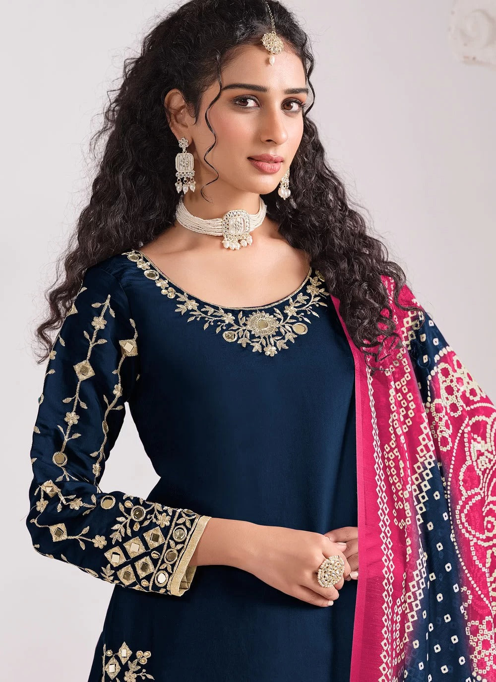 Gorgeous blue real mirror work roman silk punjabi suit