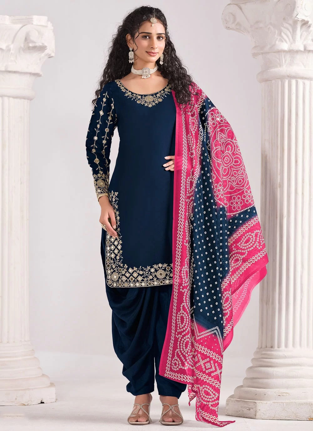 Gorgeous blue real mirror work roman silk punjabi suit