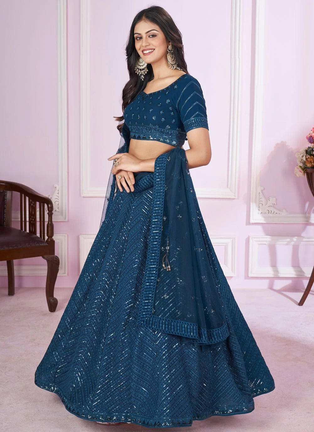 Stylish blue georgette side slit lehenga with sequins embroidery net dupatta