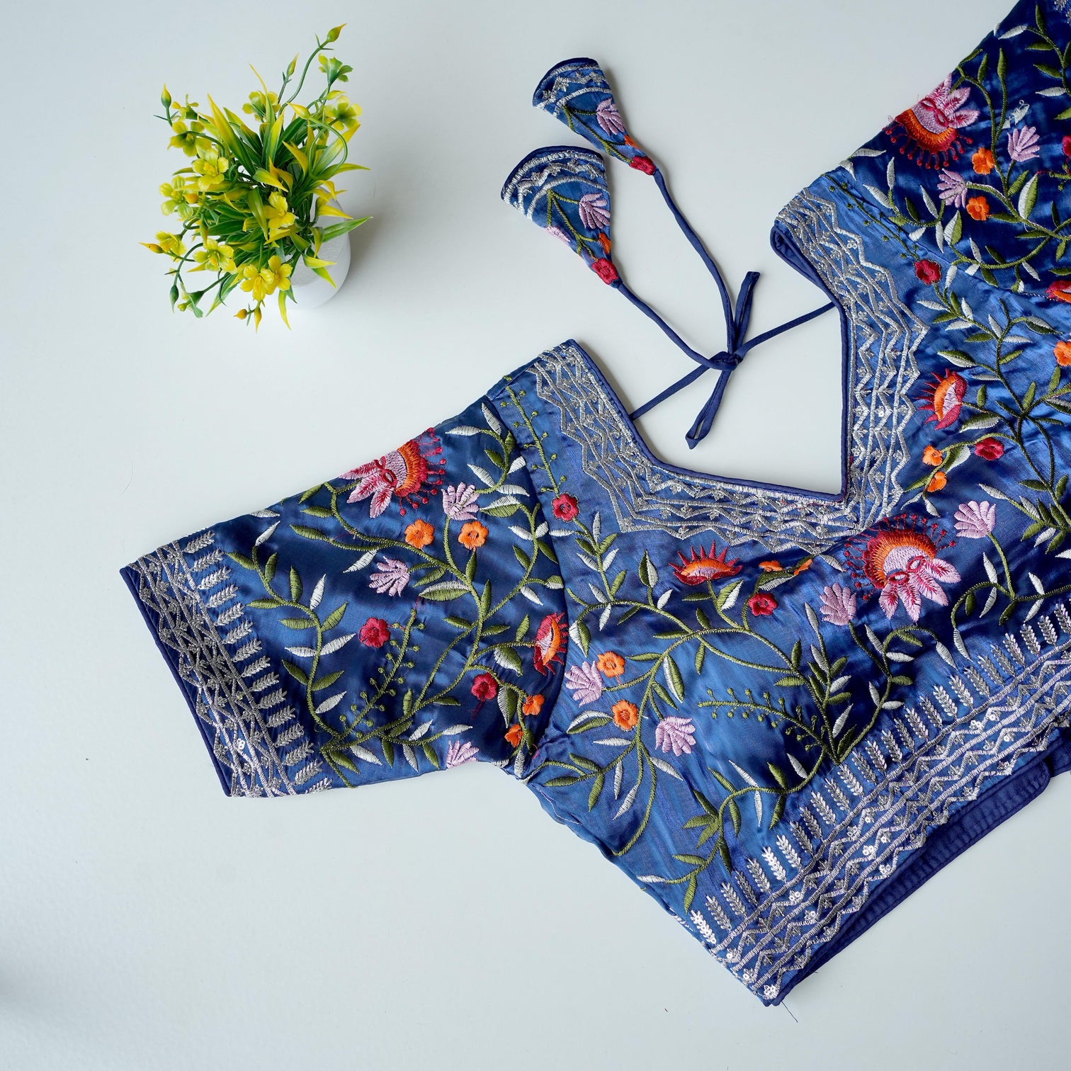 Blue Multi-Color Embroidered Silk Blouse
