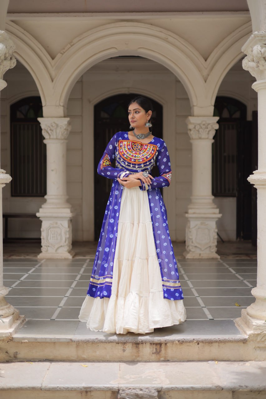 Blue Navratri Special Bandhani Kurti with Kora Cotton Frill Lehenga Set – Full Stitched