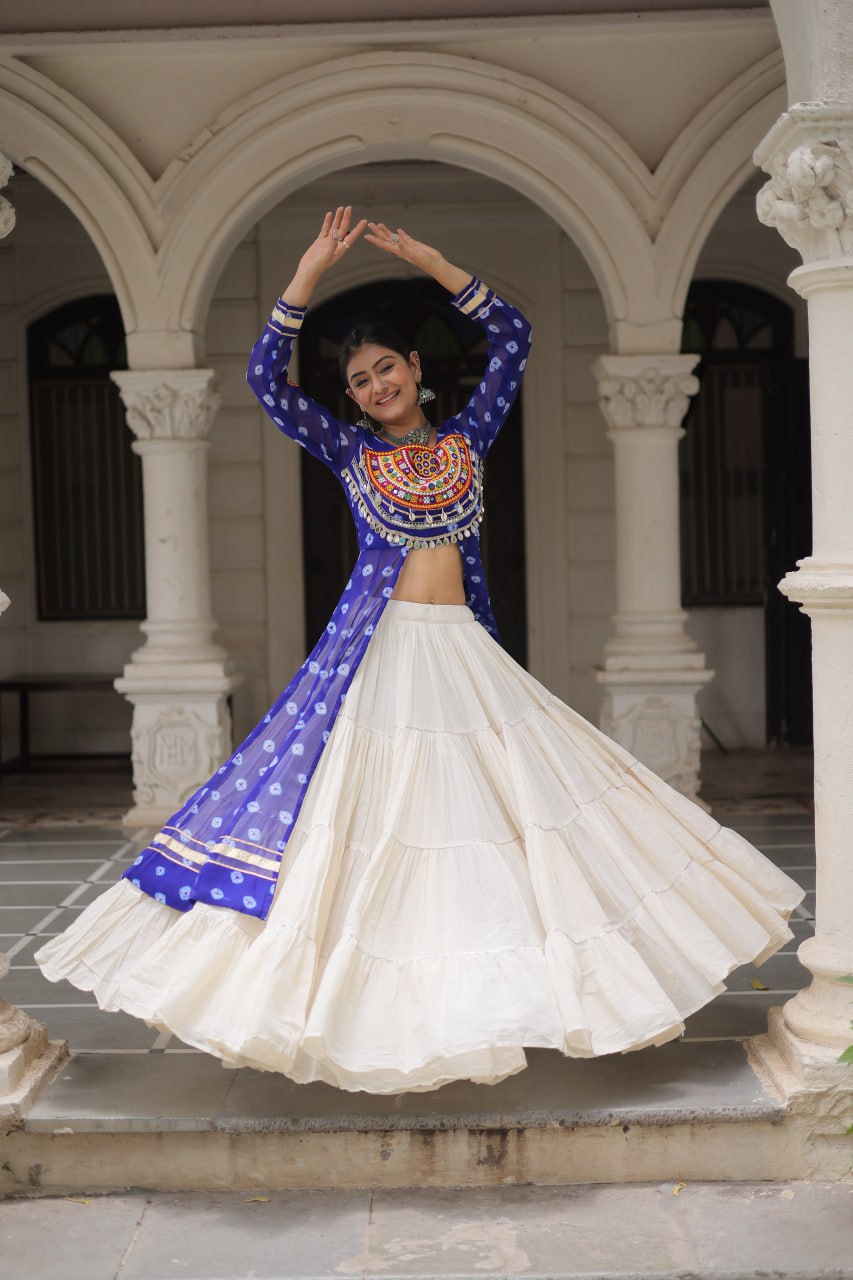 Blue Navratri Special Bandhani Kurti with Kora Cotton Frill Lehenga Set – Full Stitched