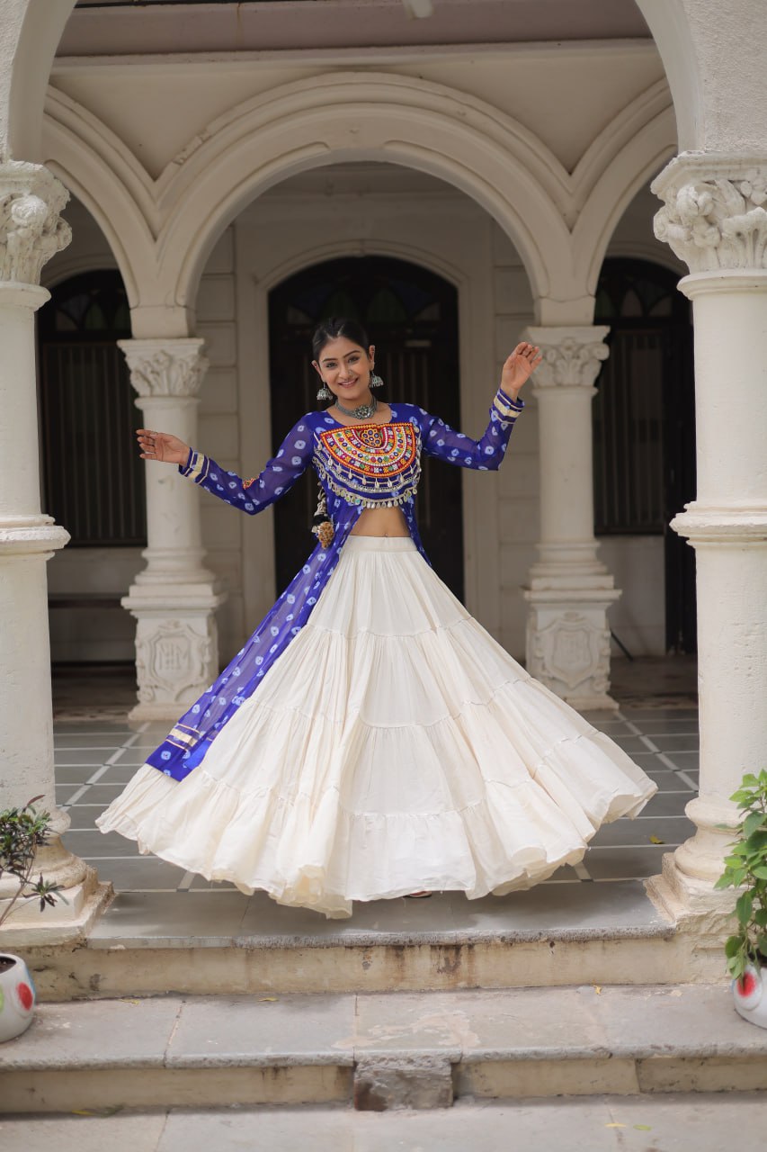 Blue Navratri Special Bandhani Kurti with Kora Cotton Frill Lehenga Set – Full Stitched