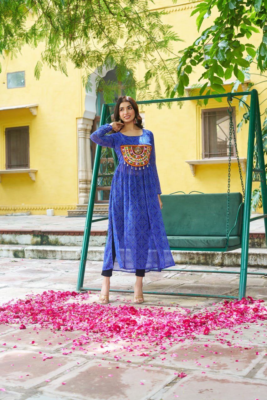 Blue Navratri Special Bandhej Print Kurti with Kutchi Patch Work