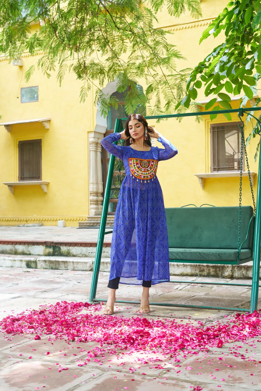Blue Navratri Special Bandhej Print Kurti with Kutchi Patch Work