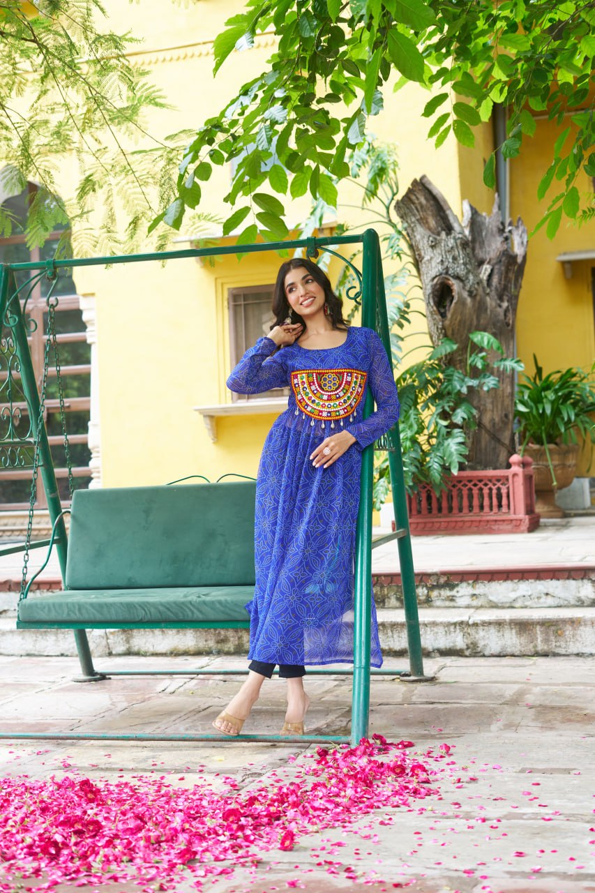 Blue Navratri Special Bandhej Print Kurti with Kutchi Patch Work