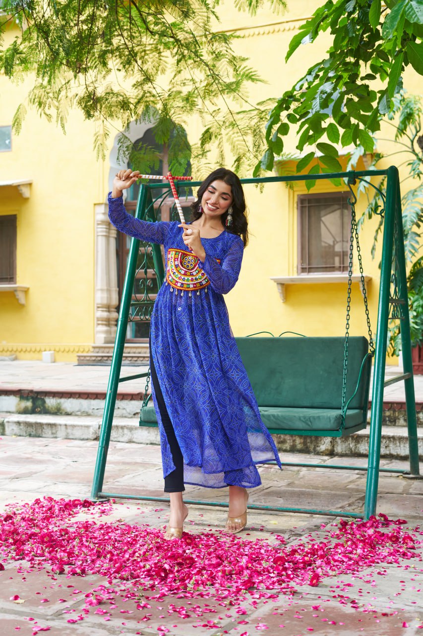 Blue Navratri Special Bandhej Print Kurti with Kutchi Patch Work