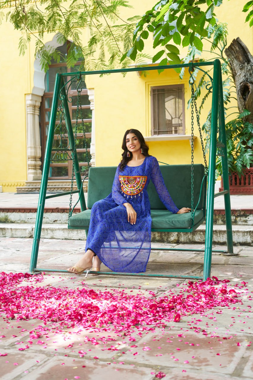 Blue Navratri Special Bandhej Print Kurti with Kutchi Patch Work