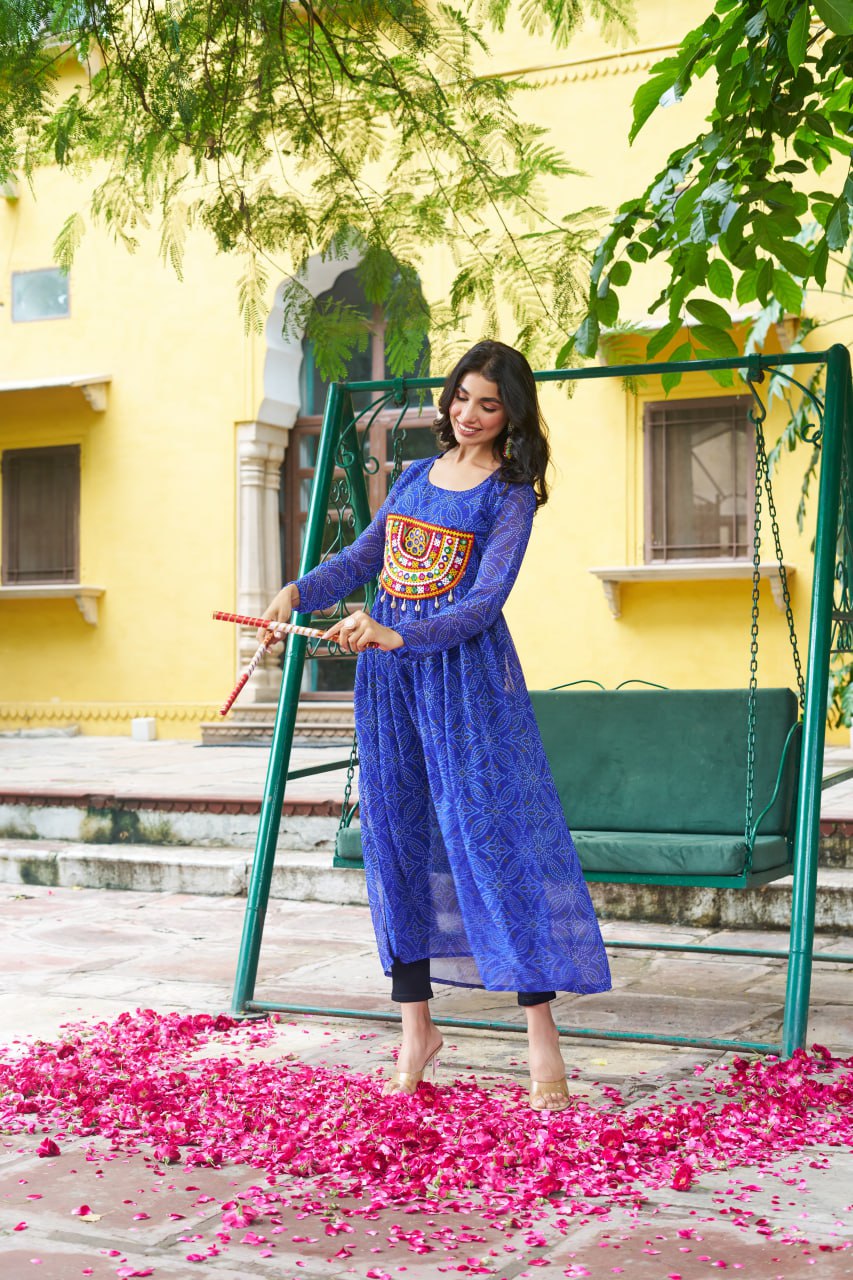 Blue Navratri Special Bandhej Print Kurti with Kutchi Patch Work