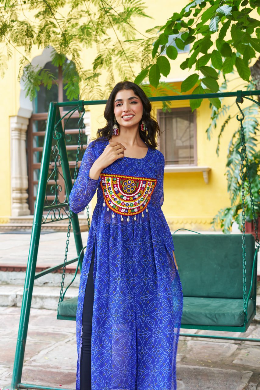Blue Navratri Special Bandhej Print Kurti with Kutchi Patch Work