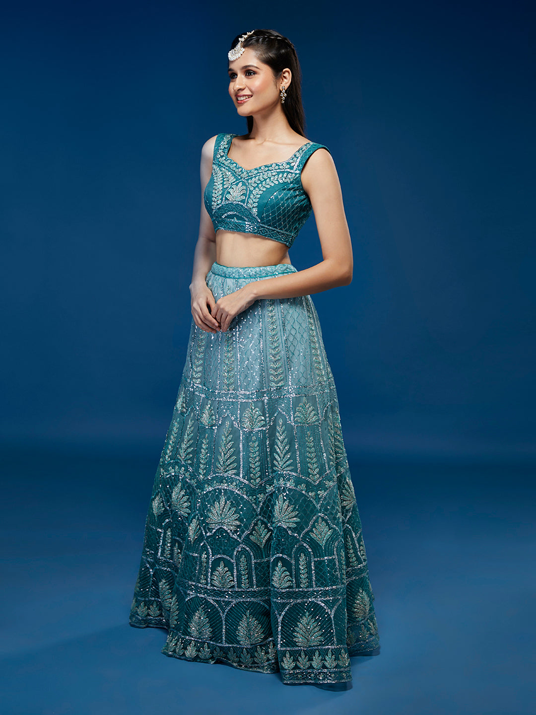 Blue Net Gotapatti Work Semi-Stitched Lehenga & Blouse with Dupatta