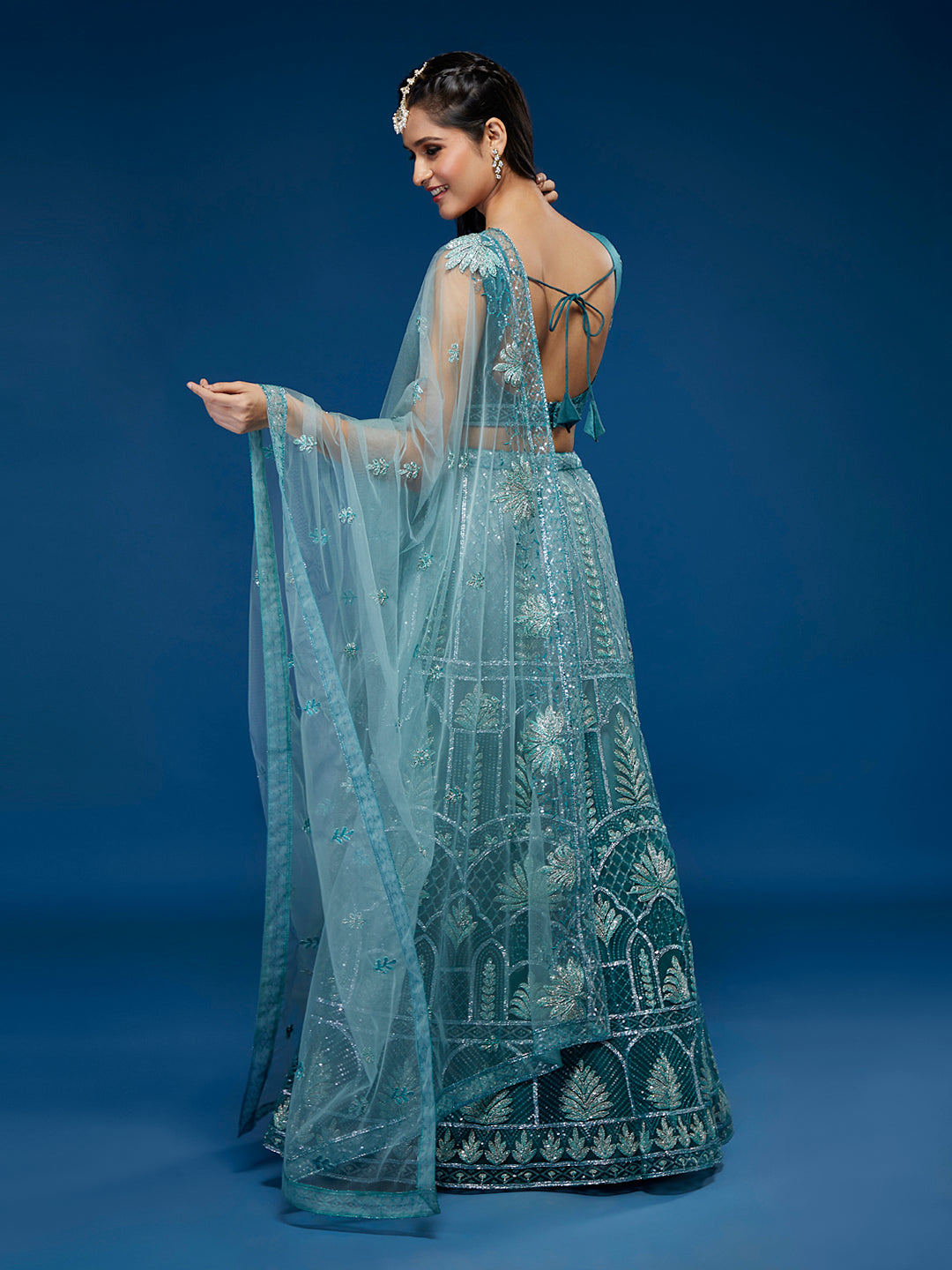 Blue Net Gotapatti Work Semi-Stitched Lehenga & Blouse with Dupatta
