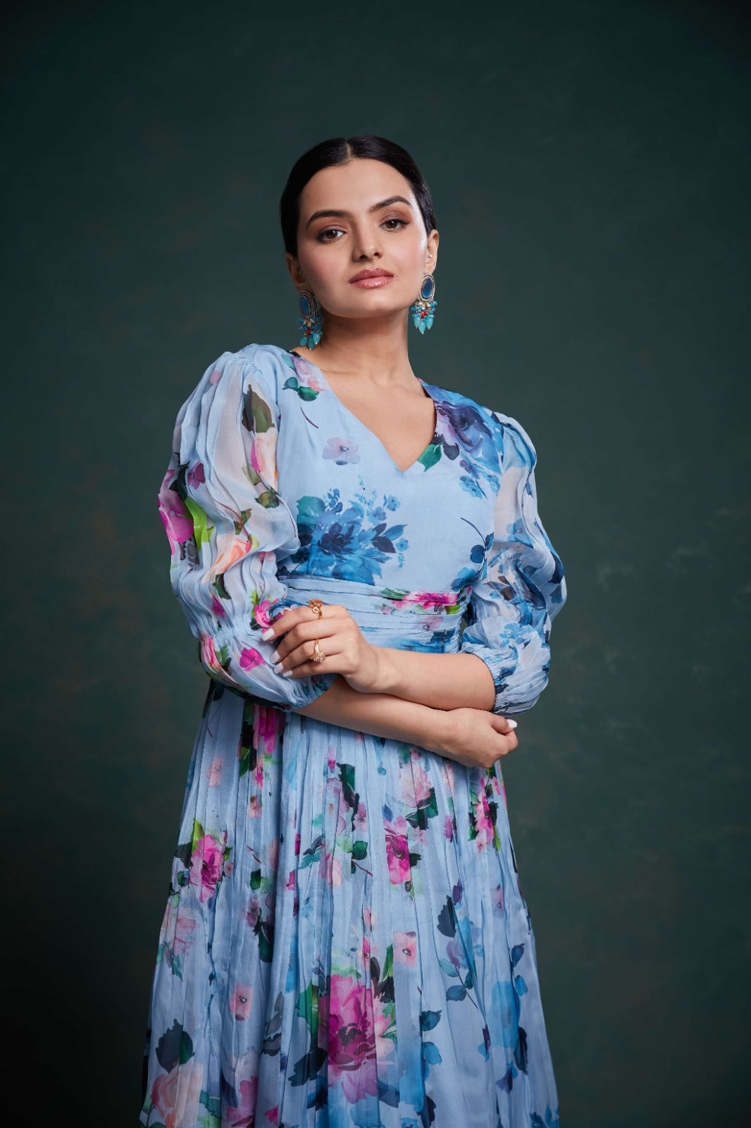 Blue Organza Dress with Stylish Prints – Ready to Wear