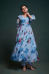 Blue Organza Dress with Stylish Prints – Ready to Wear