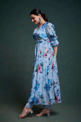 Blue Organza Dress with Stylish Prints – Ready to Wear