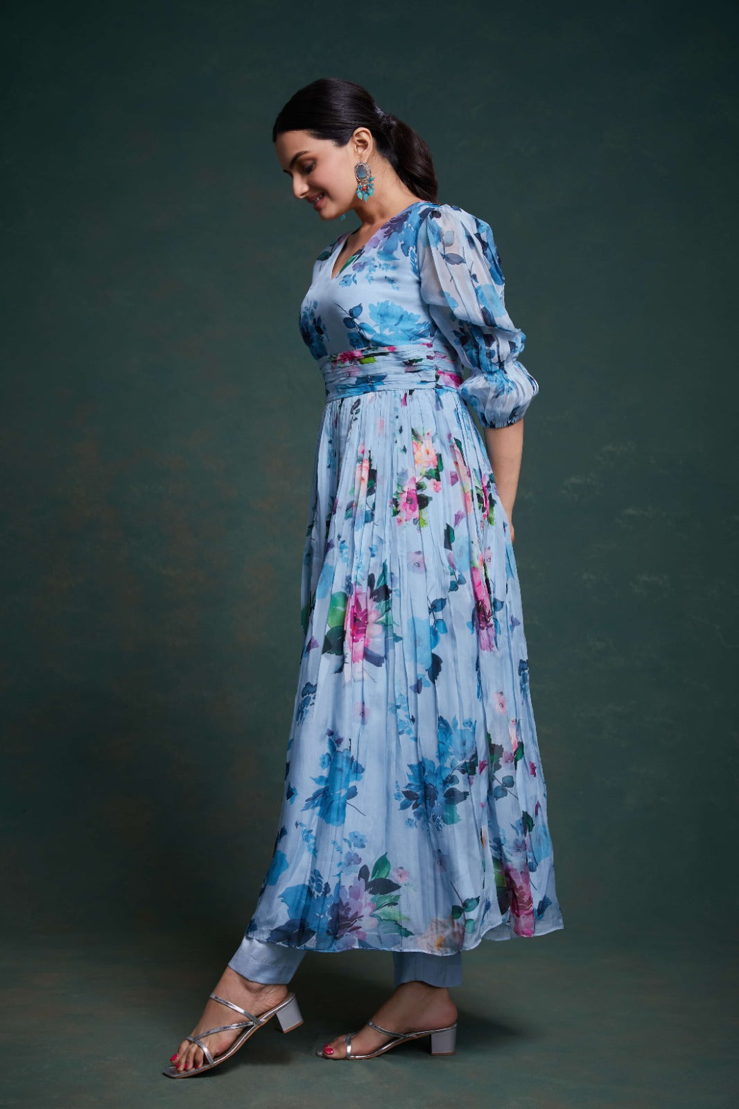Blue Organza Dress with Stylish Prints – Ready to Wear