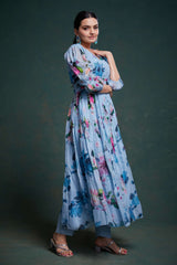 Blue Organza Dress with Stylish Prints – Ready to Wear