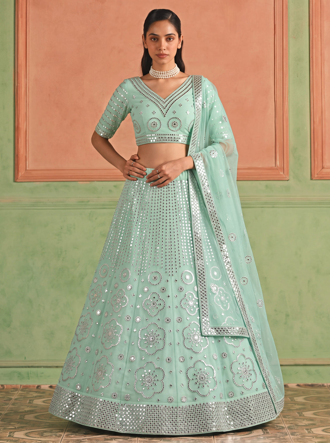 Blue Organza Embroidered Foil Mirror Work Lehenga Choli