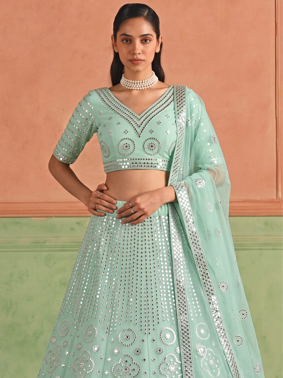 Blue Organza Embroidered Foil Mirror Work Lehenga Choli