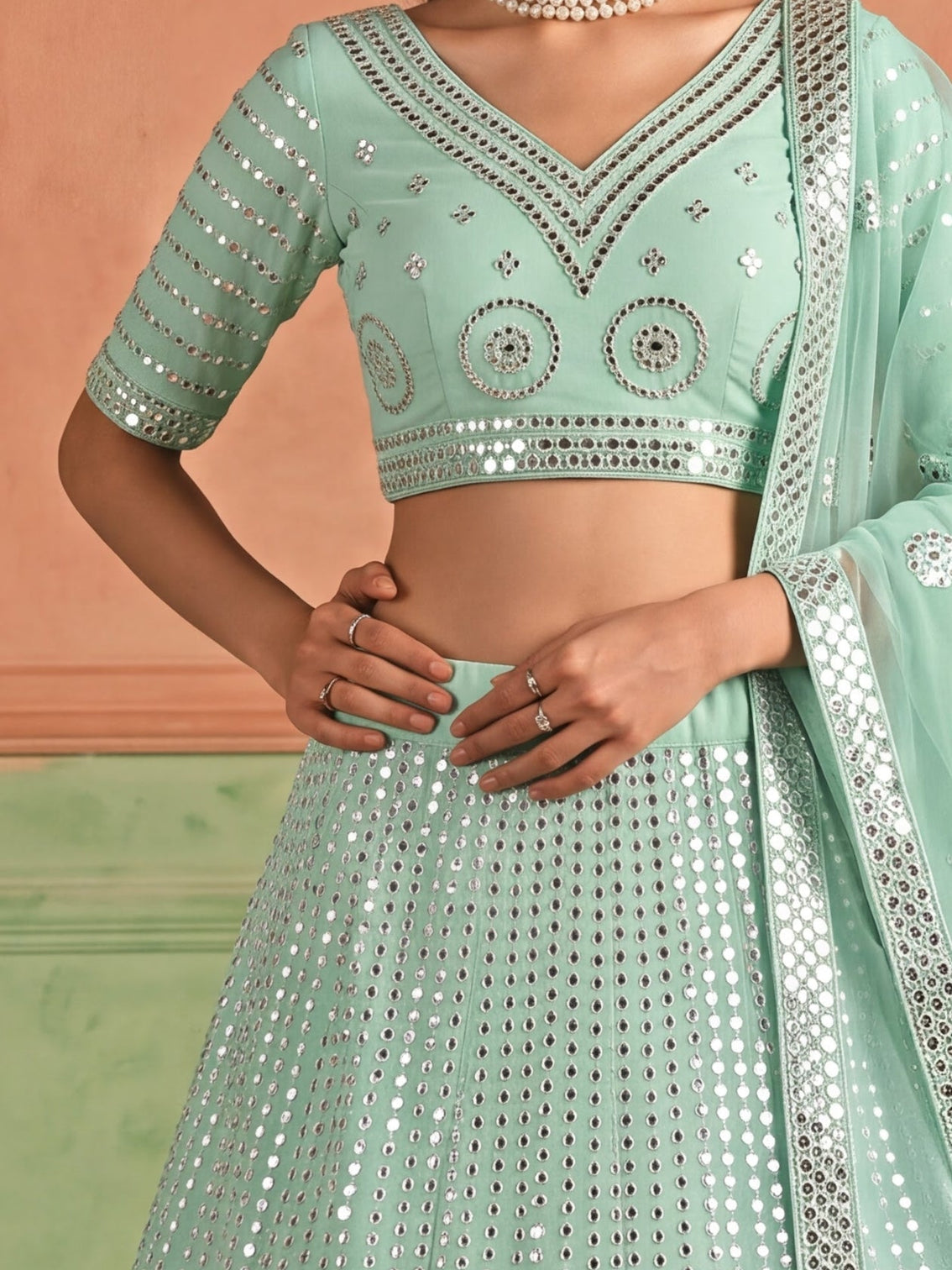 Blue Organza Embroidered Foil Mirror Work Lehenga Choli