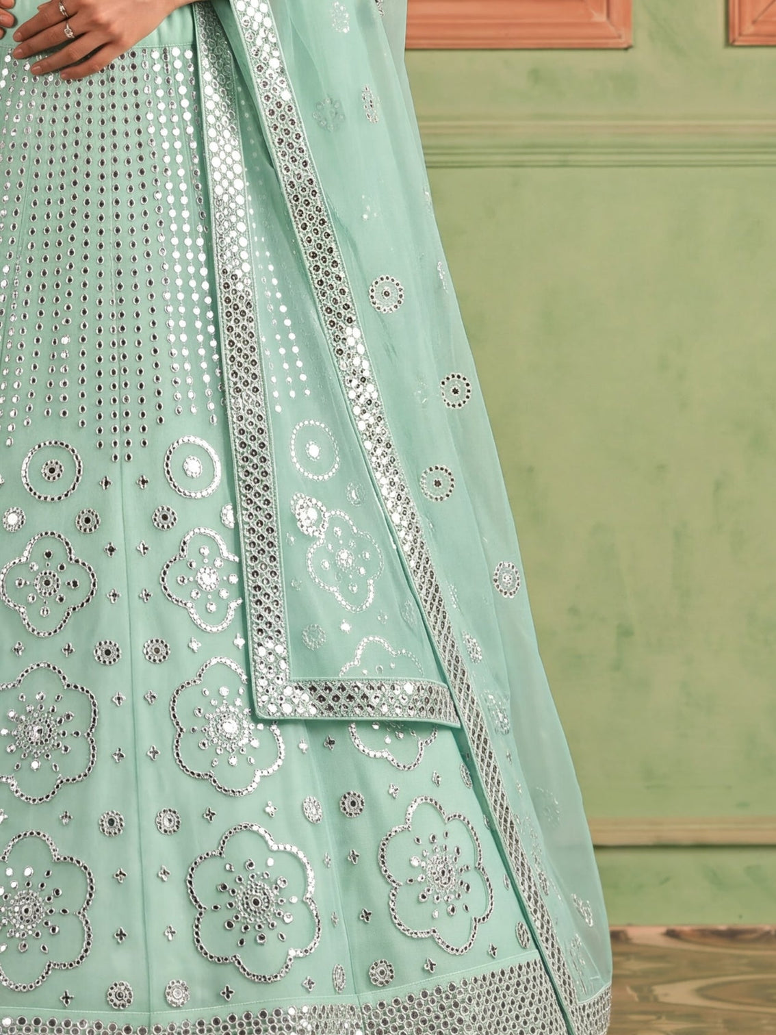 Blue Organza Embroidered Foil Mirror Work Lehenga Choli