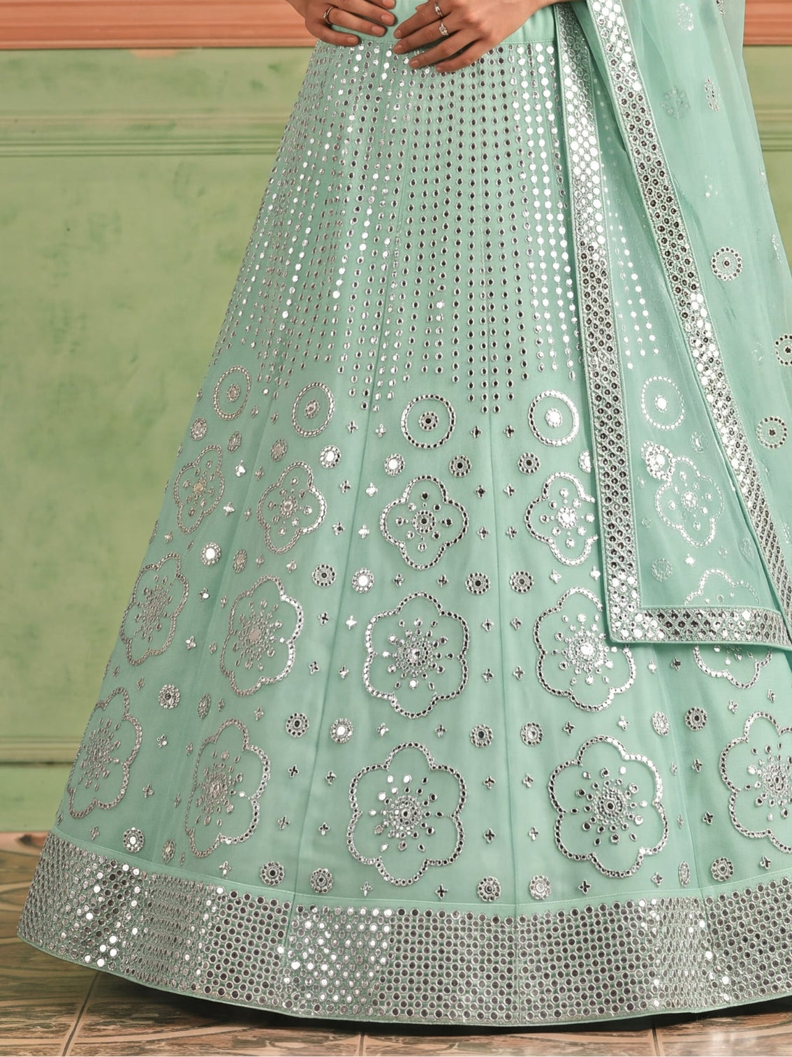 Blue Organza Embroidered Foil Mirror Work Lehenga Choli