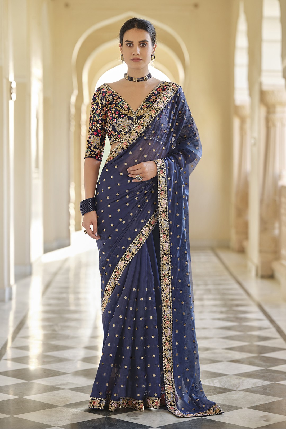 Blue Organza Saree with Zari, Thread & Sequins Work Unstitched Bangalori Silk Blouse